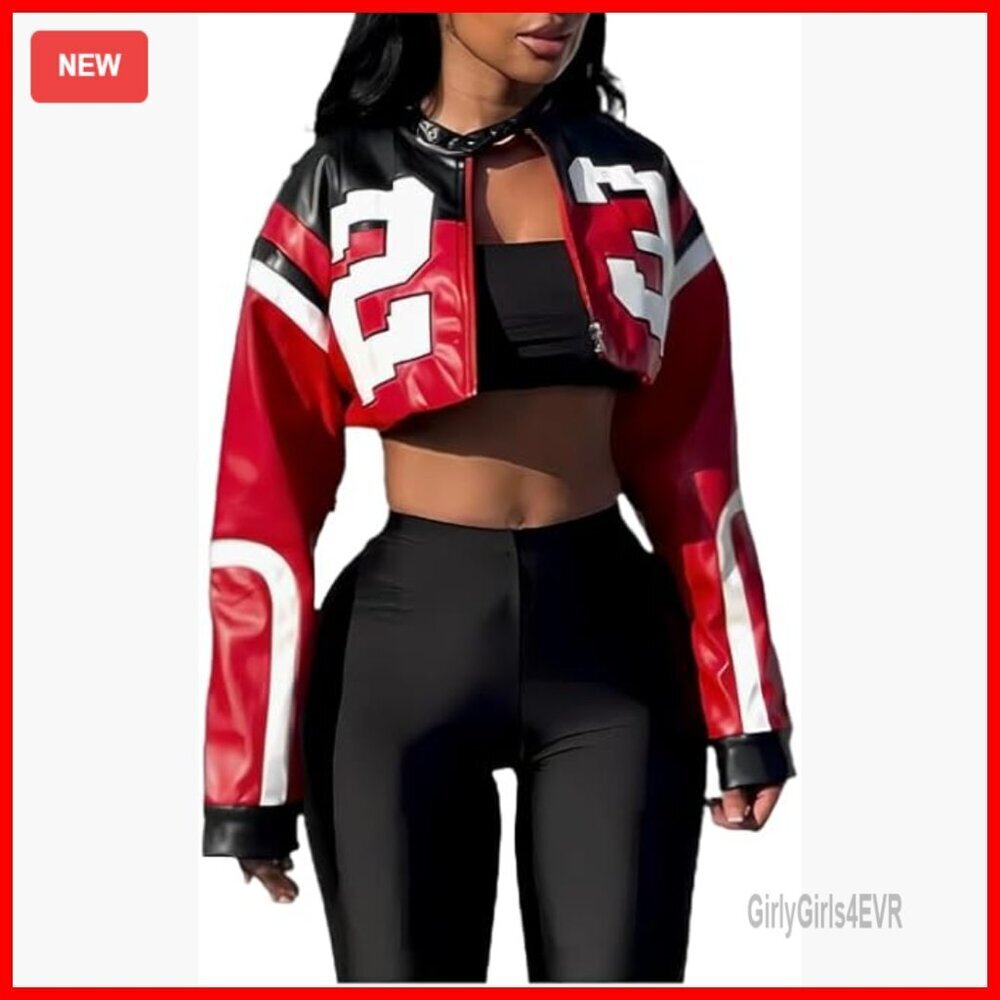 Faux Leather Cropped Bomber Jacket Motorcycle Style Streetwear S-XL